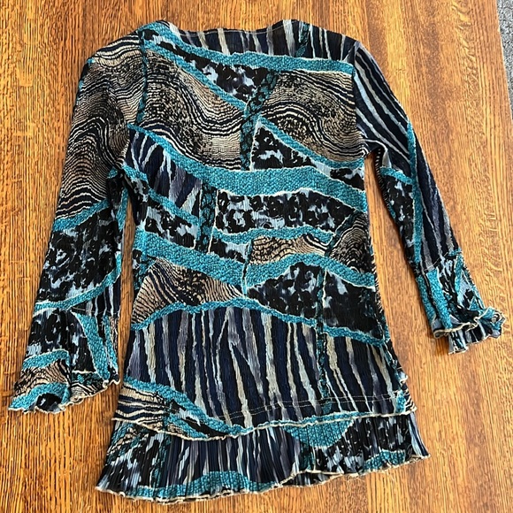Alberto Makali SZ S Long Sleeve Crepe Semi Sheer Animal Print Blue Blouse Sequin - Picture 4 of 15